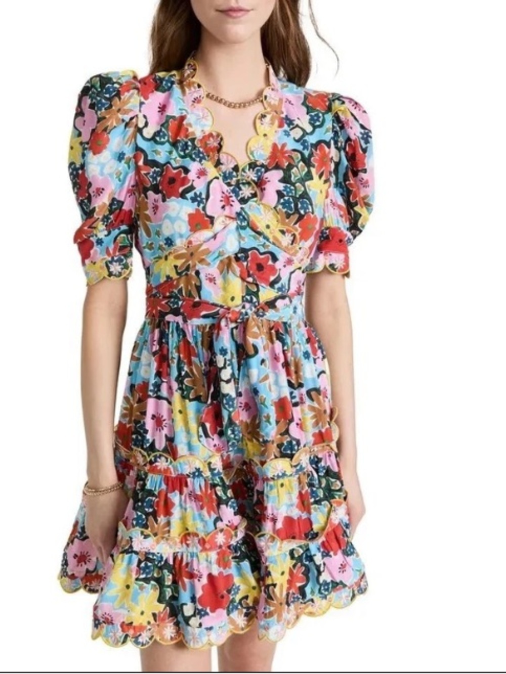 Celia B Aila Floral Wrap Dress Ruffled Tiered Scalloped Puff Sleeve Size M